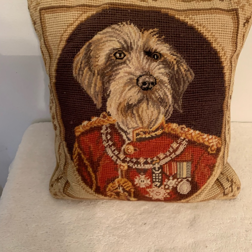 Decorative Dog Portrait Needlepoint Pillow in Brown and Red